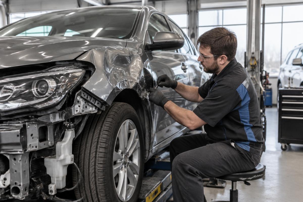 Technician repairing collision damage on a vehicle at Mt. Angel Auto Body & Paint