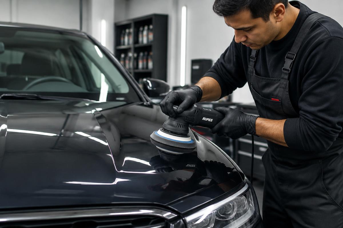 Detailer machine polishing a car hood to a deep gloss finish