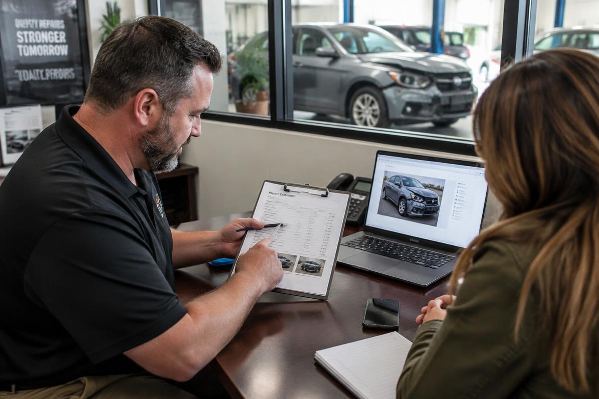 Estimator reviewing a collision repair insurance estimate with a customer