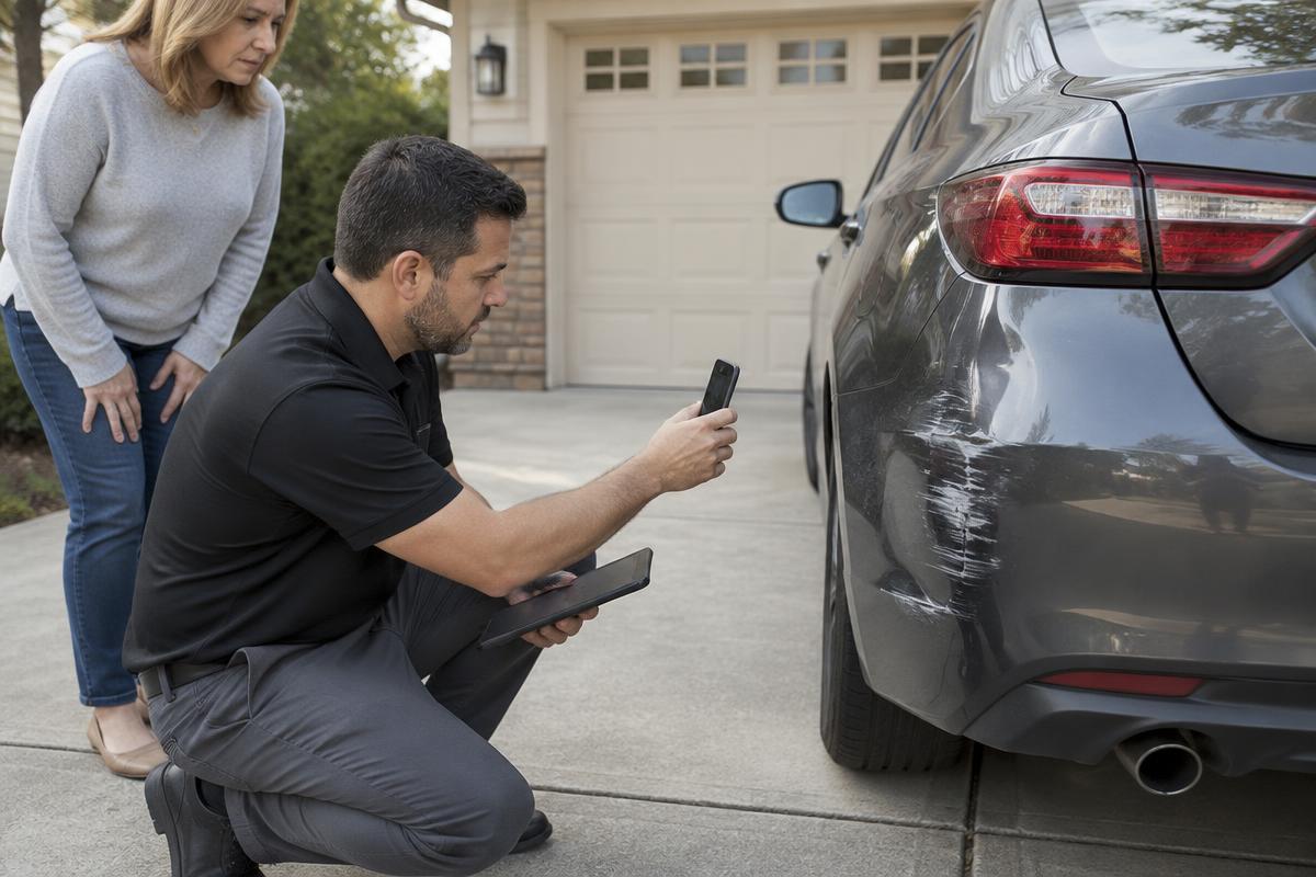 Estimator inspecting vehicle damage at a customer's home for a free mobile estimate